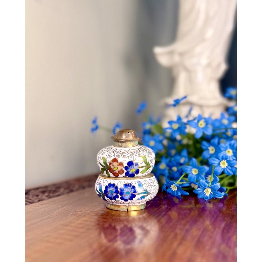 Vintage Chinese Cloisonné Salt Cellar & Pepper Shaker • Stacking Enamel Set